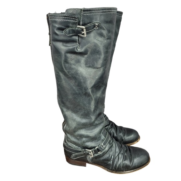 Steve Madden Riding Boots Womens Size 8 Roadee Black Leather Slouch Buckle - Picture 1 of 14